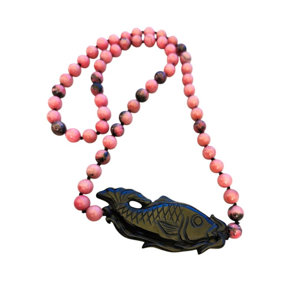 Vintage Stone Fish and Pink Stone Bead Necklace Black Onyx Chinese